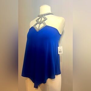 MM COUTURE RHINESTONE CUTOUT BLUE TOP W/ TIE-UP AT NECK